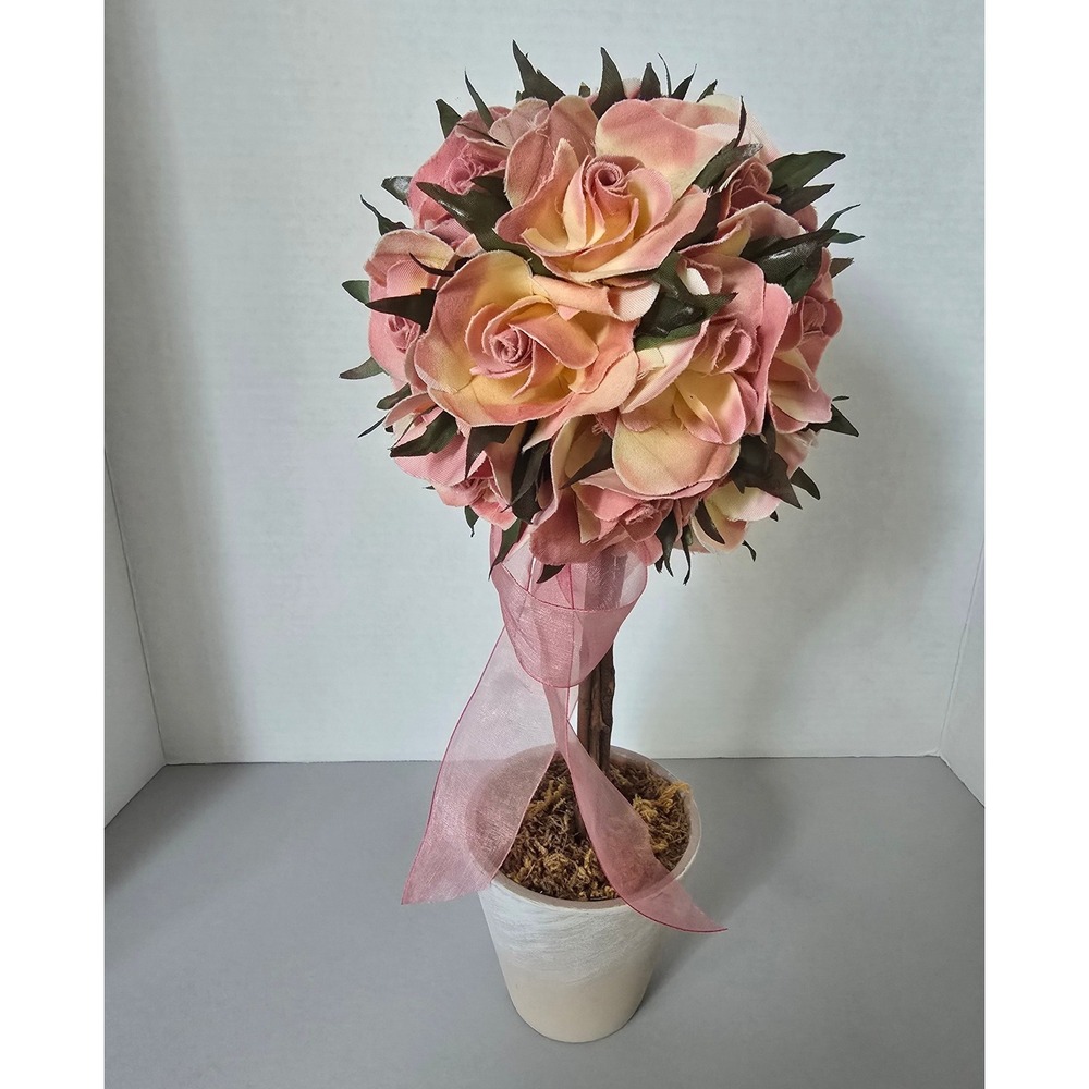 Pink Faux Rose Topiary Arrangement Whitewashed Pot Floral Home Decor 12 Inch